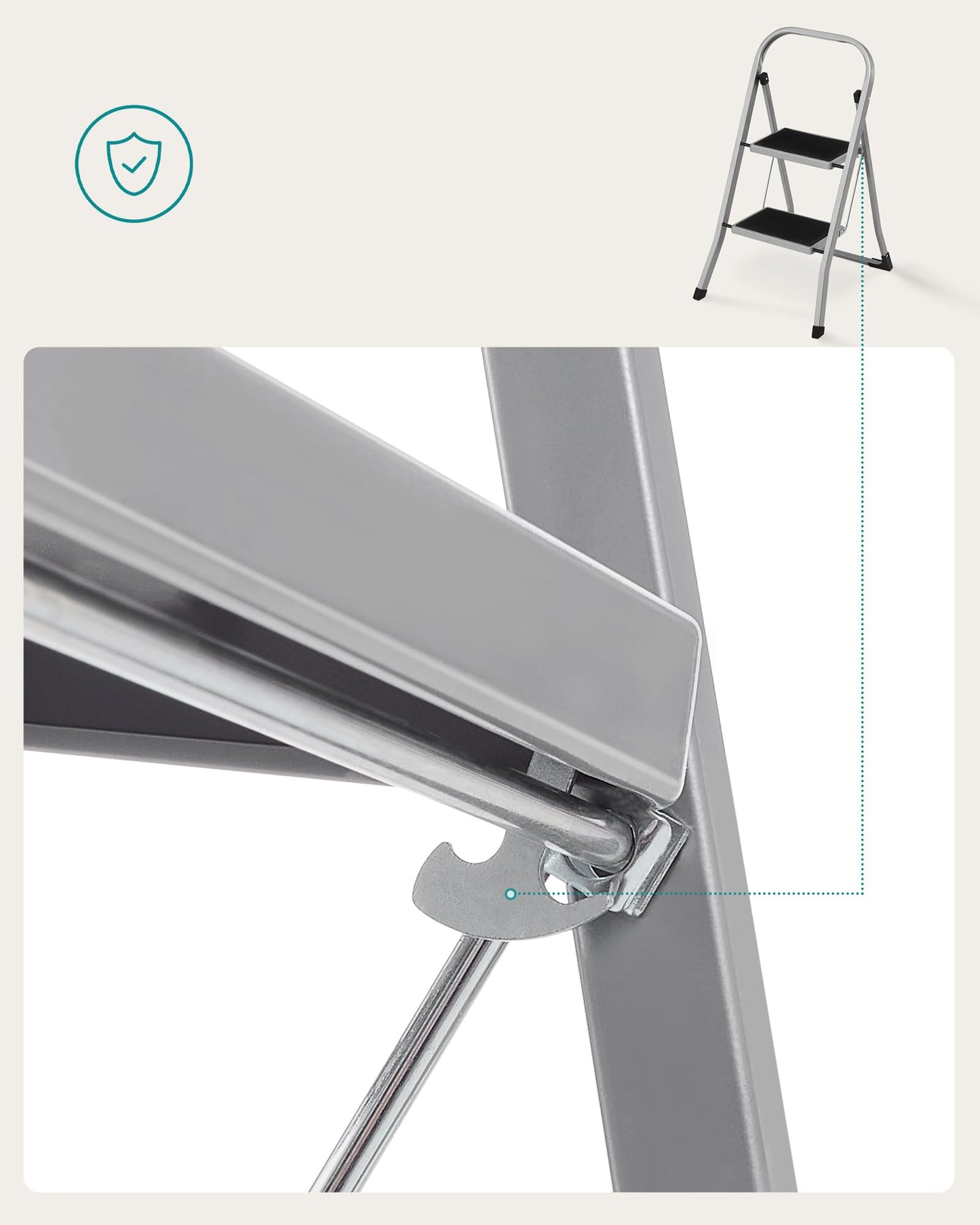 SONGMICS Step Ladder, 2-Step Ladder, Folding Ladder, Safety Lock, Space-Saving Storage, Holds up to 330 lb, Dove Gray UGSL012G01 SONGMICS