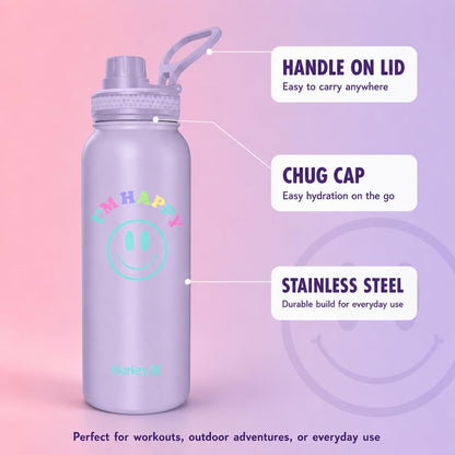 Hurley 32 Oz Reusable Water Bottle with Chug Cap Stainless Steel Sports Bottle "I'M HAPPY" Design with Handle on Lid, Purple