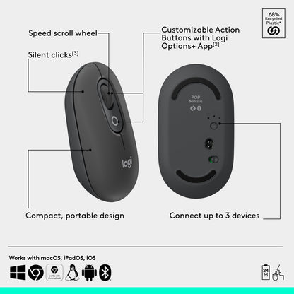 Logitech POP Mouse, Compact and Portable Wireless Bluetooth - Graphite