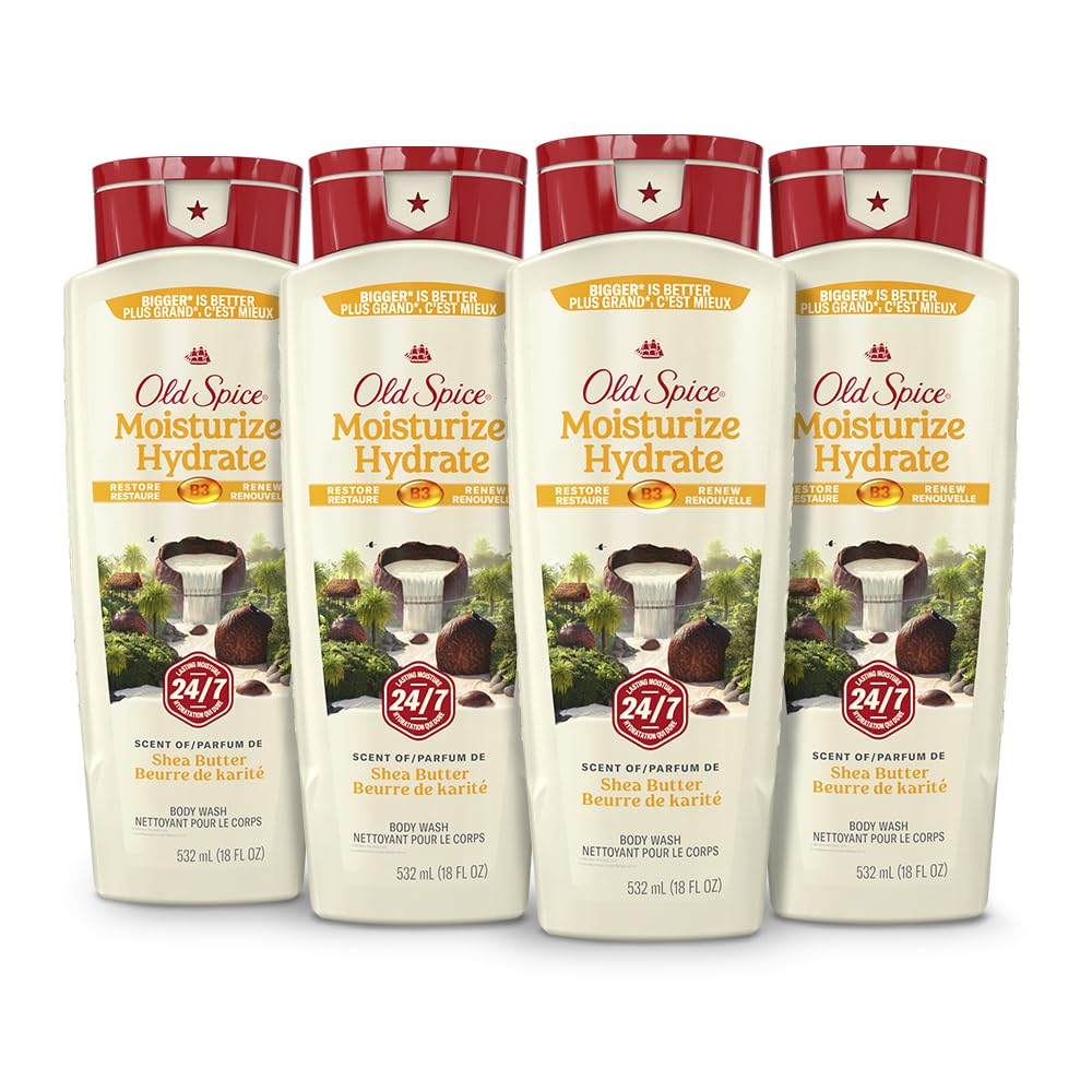 Old Spice Men's Body Wash Moisturize with Shea Butter, 24/7 Moisturization, Gentle on Skin, 2.12 L Total (4 Count of 532 mL Each) Old Spice
