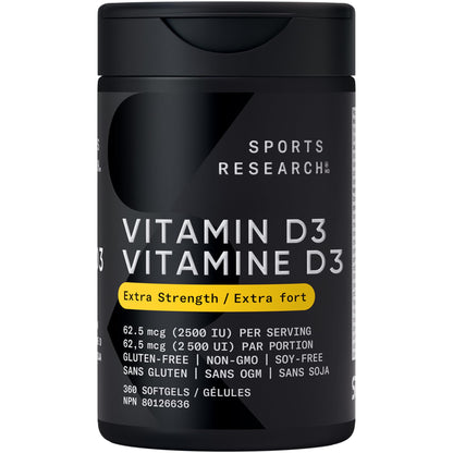Sports Research® Vitamin D3 2500 IU with Coconut MCT Oil - High Potency Vitamin D Supplement for Immune & Bone Support - Non-GMO Verified, Gluten & Soy Free – 62.5mcg, 360 Liquid Softgels
