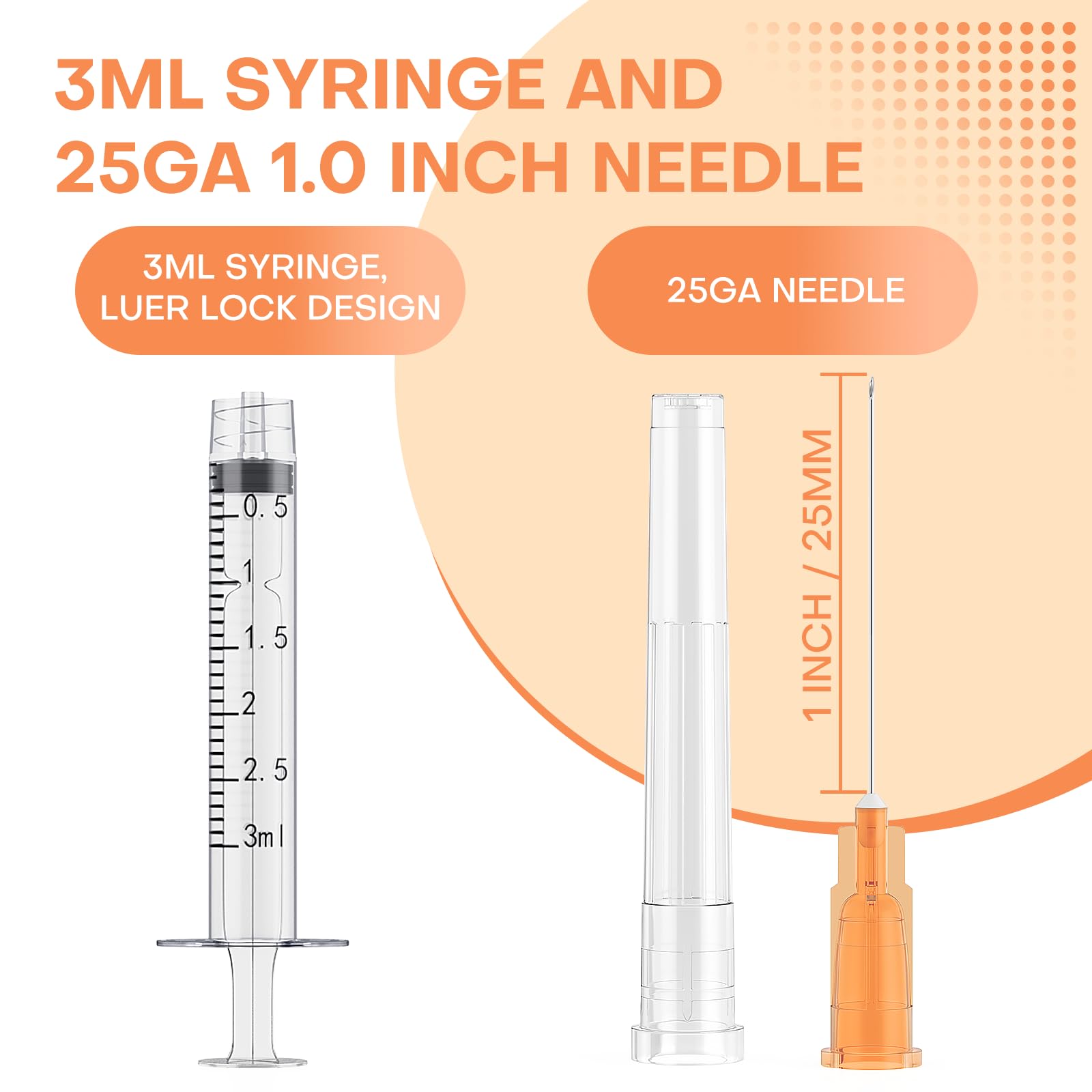3ml Luer Lock Syringes with 25 Gauge 1 Inch Needles, Luer Lock Disposable Accessories for Lab, Pack of 25