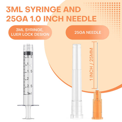 3ml Luer Lock Syringes with 25 Gauge 1 Inch Needles, Luer Lock Disposable Accessories for Lab, Pack of 25