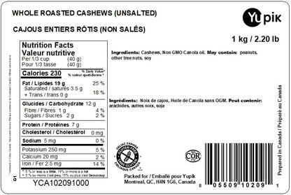Yupik Whole Roasted Cashews – 1 kg Unsalted, Gluten-Free, Kosher, Vegan Protein Snack
