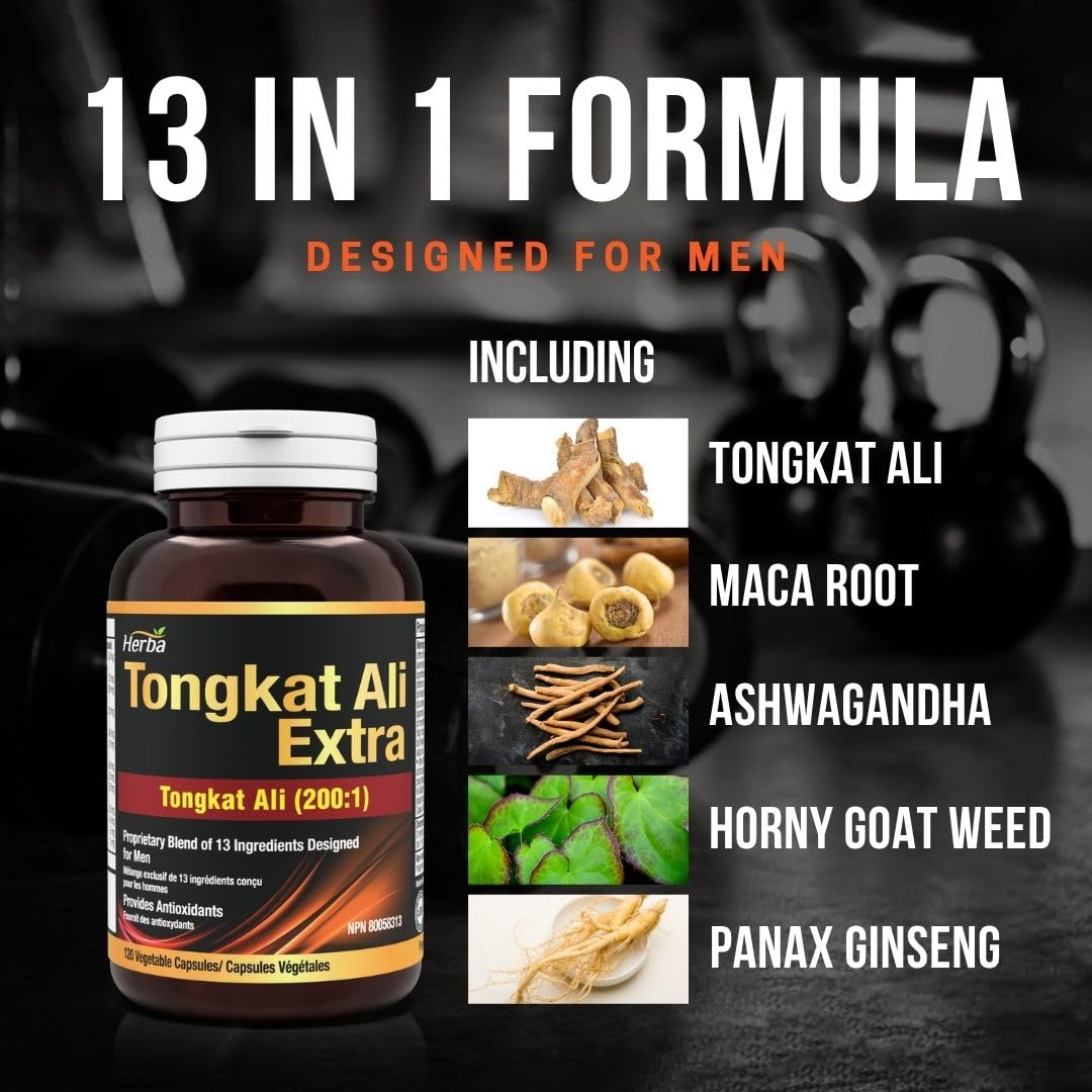 Herba Tongkat Ali Extract for Men - 200:1 Concentrate – 10,000mg Equivalent | 120 Vegetable Capsules | Enhanced Formula Made in Canada