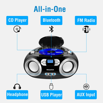 MEGATEK Portable CD Player Boombox with FM Radio, Bluetooth, USB Port, AUX Input, and Headphone Jack – CD-R/CD-RW/MP3-CD Compatible, Clear Stereo Sound, Backlit LCD Display – Black