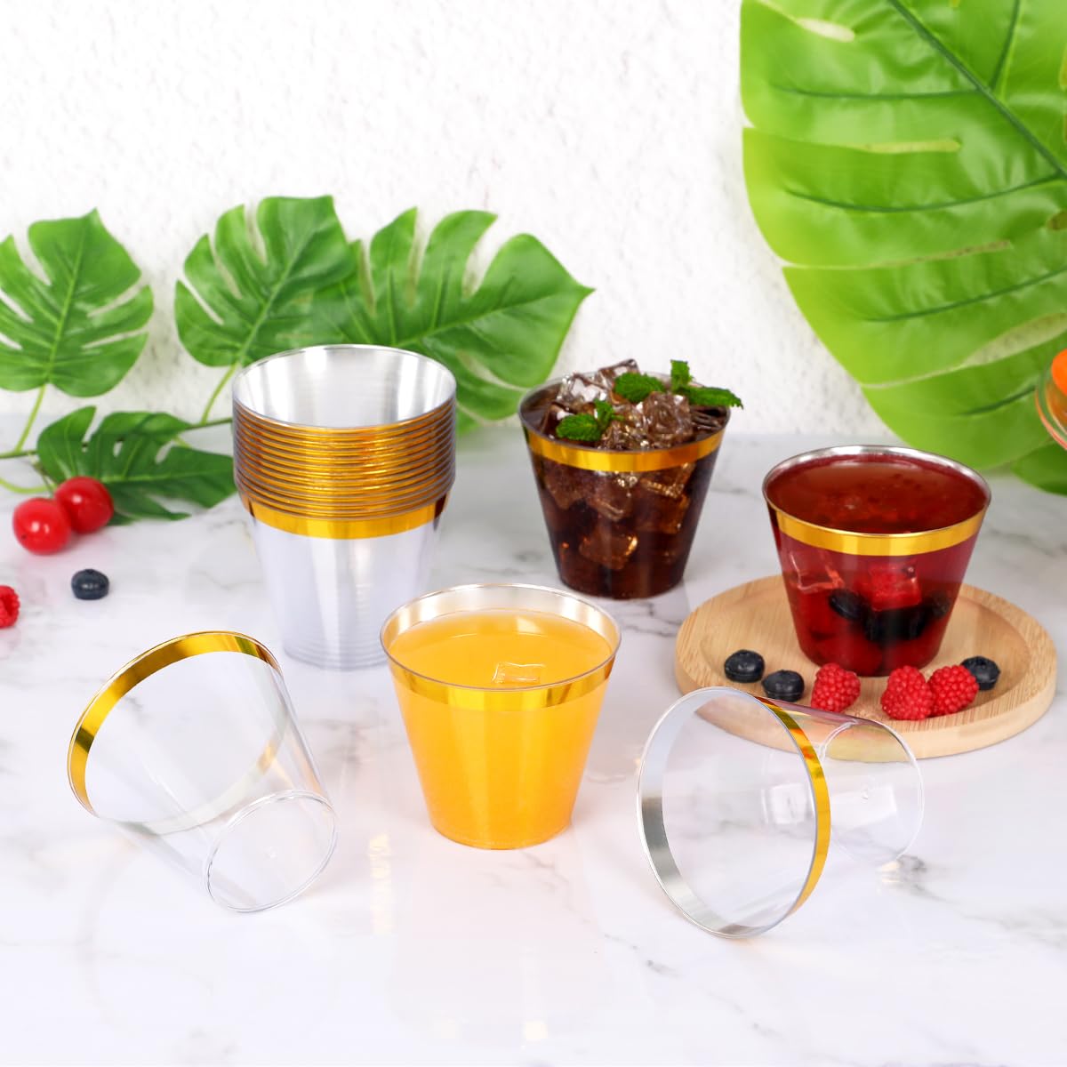 100 Pcs Gold Plastic Cups,9Oz Gold Rimmed Plastic Cups,Heavy Duty Gold Rim Clear Disposable Plasitc Cocktail Tumblers Wine Cup for Party,Wedding,Birthday,Christmas 🍁 All In One Marketplace Canada