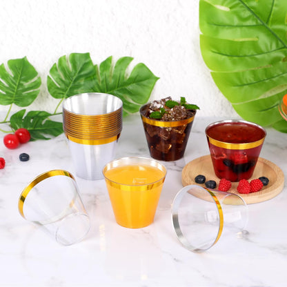 100 Pcs Gold Plastic Cups,9Oz Gold Rimmed Plastic Cups,Heavy Duty Gold Rim Clear Disposable Plasitc Cocktail Tumblers Wine Cup for Party,Wedding,Birthday,Christmas 🍁 All In One Marketplace Canada