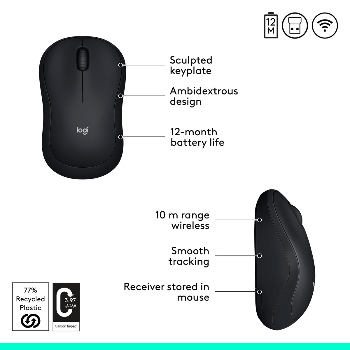 Logitech M185 Compact Ambidextrous Wireless Mouse with Rubber Grips - Black