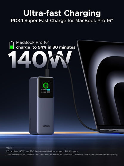 UGREEN Batterie externe, 25000 mAh 200 W, chargeur portable 3 ports, écran intelligent TFT, bloc-batterie, compatible avec iPhone 16/16 Plus/16 Pro/16 Pro Max, iPhone 15/14/13/12, MacBook, Dell, Galaxy S25 Ultra
