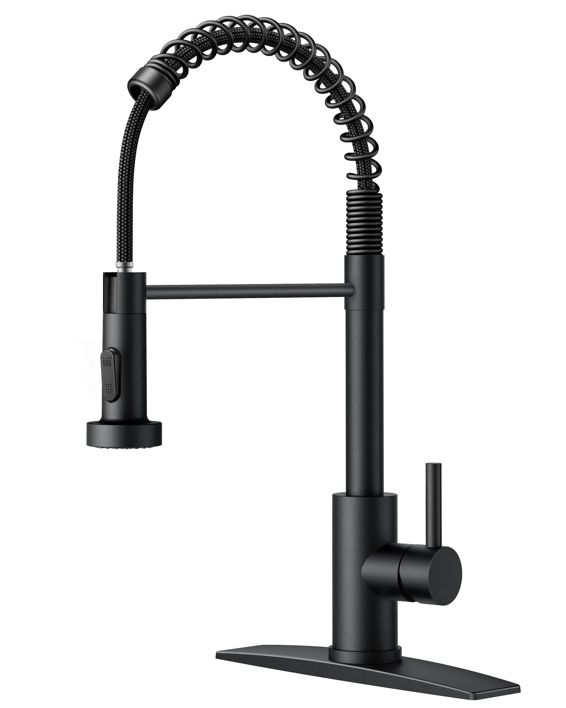 FORIOUS Black Kitchen Faucet with Pull Down Sprayer, Stainless Steel Single Handle Spring Classic Sink Faucets 1 or 3 Hole, for Farmhouse Camper Laundry Rv Bar, Matte Black