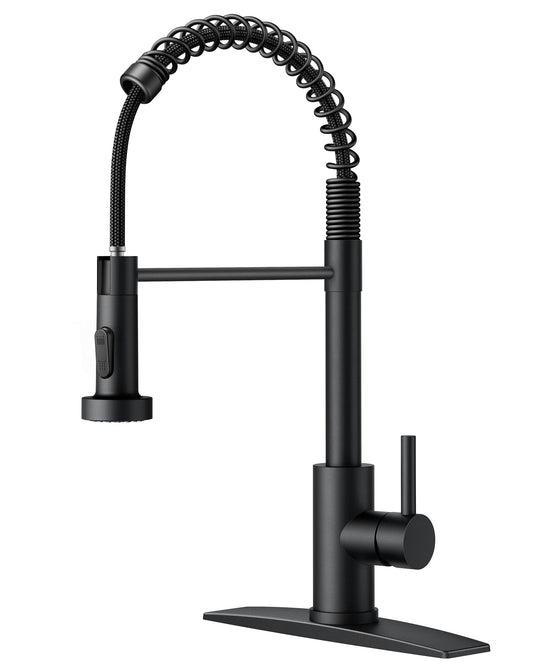 FORIOUS Black Kitchen Faucet with Pull Down Sprayer, Stainless Steel Single Handle Spring Classic Sink Faucets 1 or 3 Hole, for Farmhouse Camper Laundry Rv Bar, Matte Black