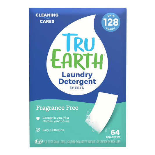 Tru Earth Compact Dry Laundry Detergent Sheets, Unscented - Up to 128 Loads (64 Sheets) - Paraben-Free - Original Eco-Strip Liquidless Laundry Detergent, Travel Laundry Sheets