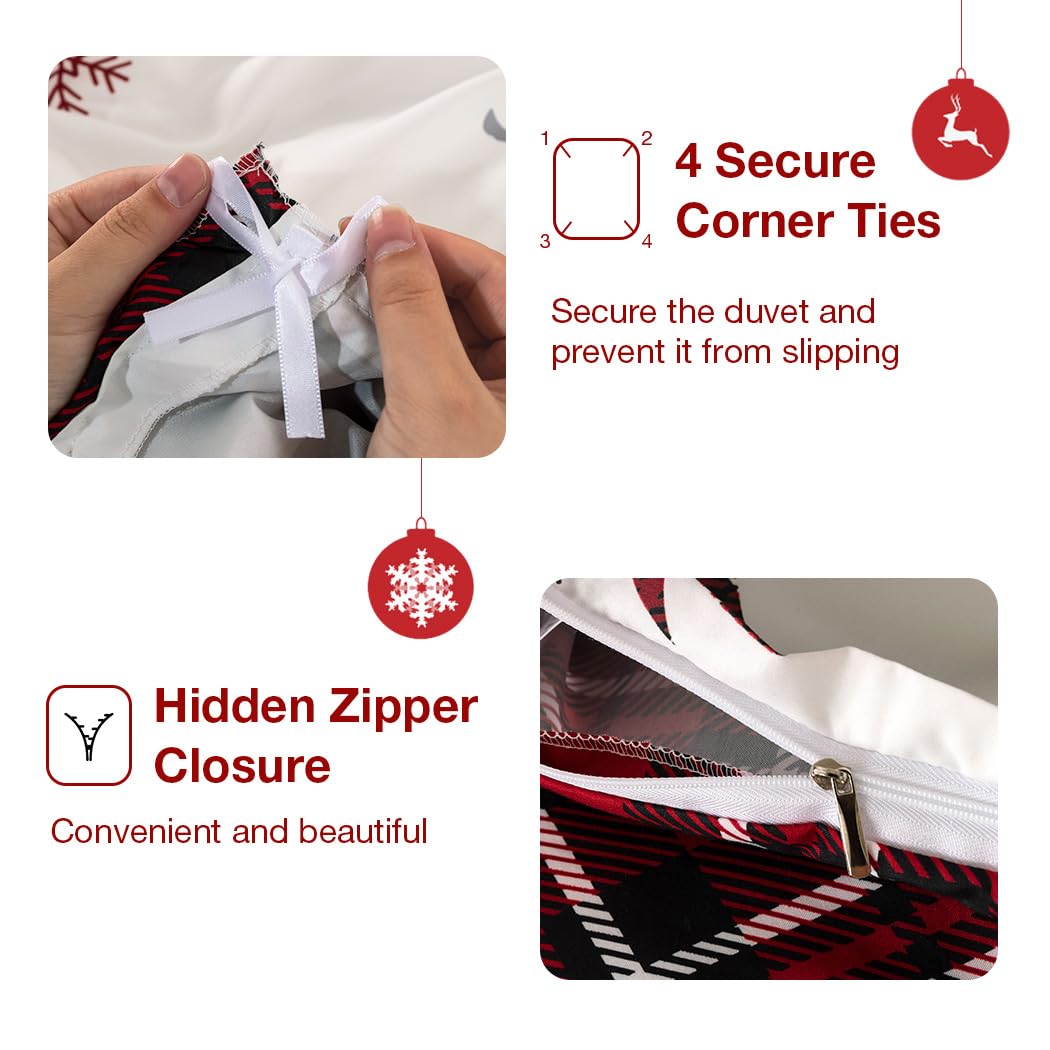 Conworld Christmas Duvet Cover Queen Size Set, Soft Reversible Red Plaid Reindeer Snowflake Printed Holiday Bedding Set with Zipper Closure, Corner Ties, 2 Pillowcases, 1 Duvet Cover 90x90 inches 🍁 All In One Marketplace Canada