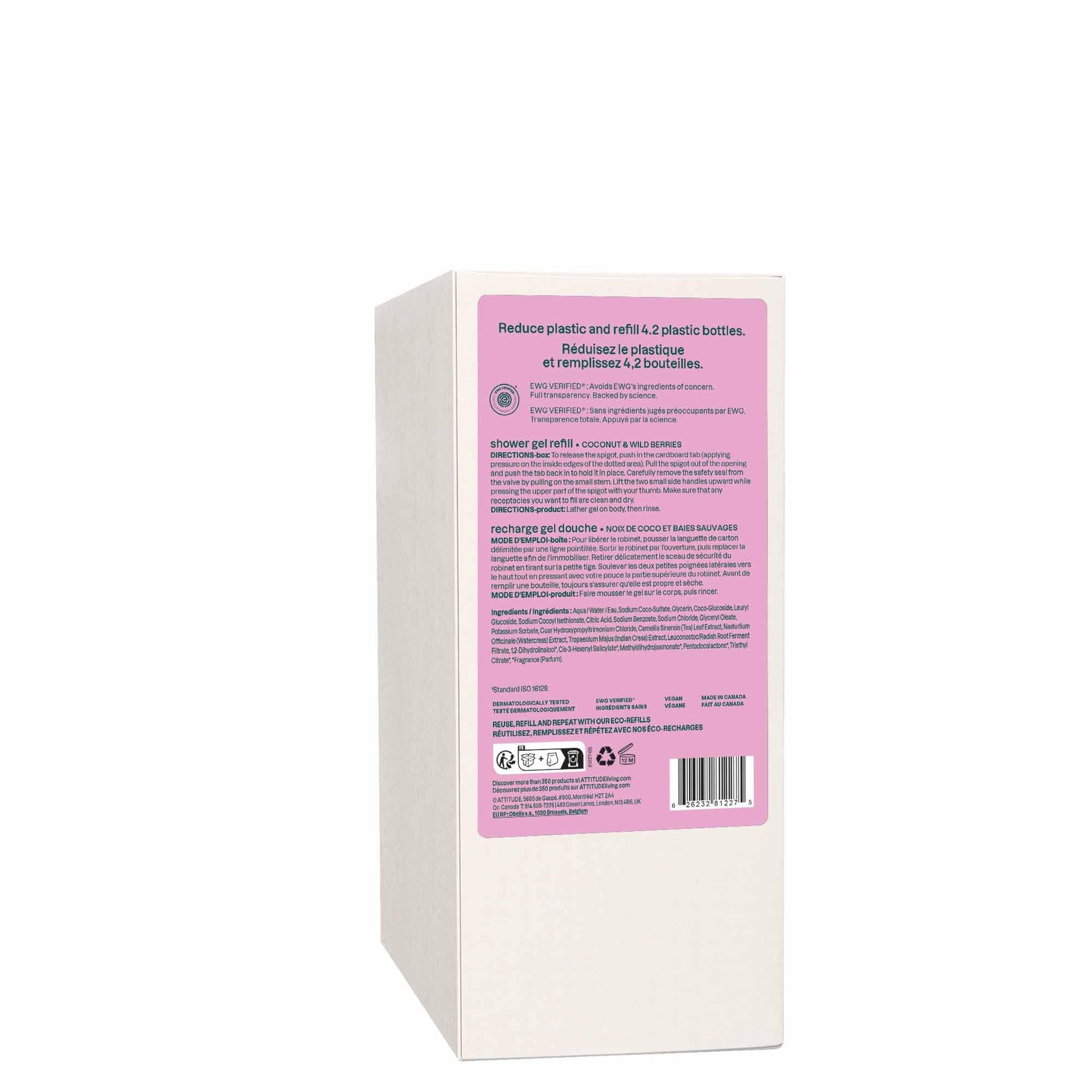 ATTITUDE Body Wash, Made in Canada, EWG Verified Shower Gel, Dermatologically Tested, Plant and Mineral-Based, Vegan Personal Care Products, Coconut & Wild Berries Scent, Bulk Refill, 2 Liters - Available at All In One Marketplace Canada