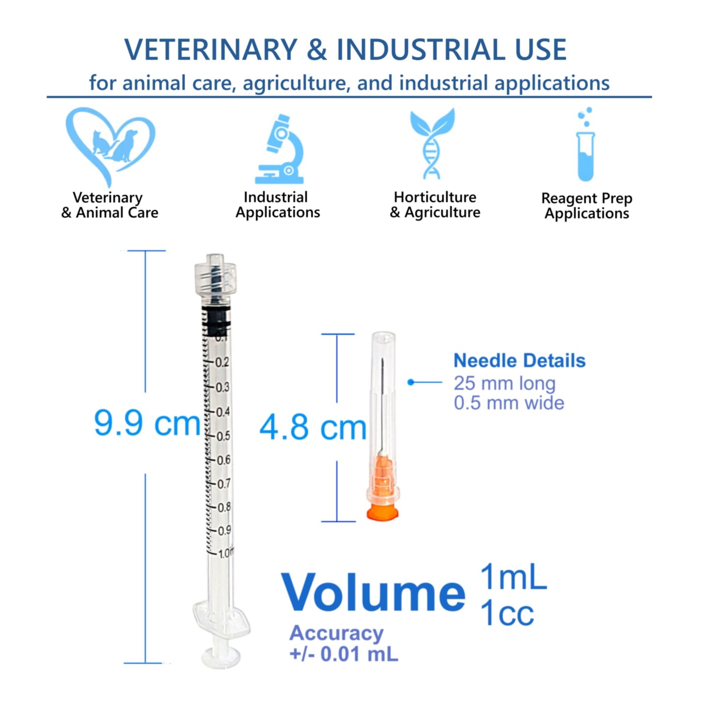 100 Pack 1mL (1cc) Disposable Sterilized Syringe, 25G X 1, Luer Lock Pyrogen Free, Latex Free