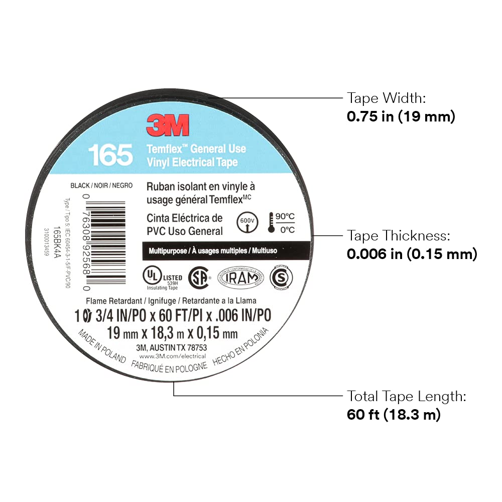 3M Temflex 165, Vinyl Colour Coding Electrical Tape, Black, 3/4in x 60ft, 10 Rolls 3M