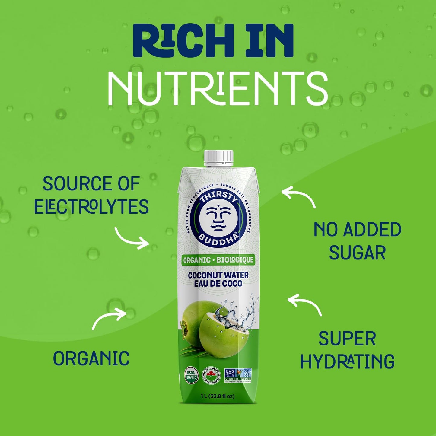 Thirsty Buddha Organic Coconut Water - Electrolyte-Packed Natural Hydration, No Added Sugar, 6-Pack (6 x 1L)