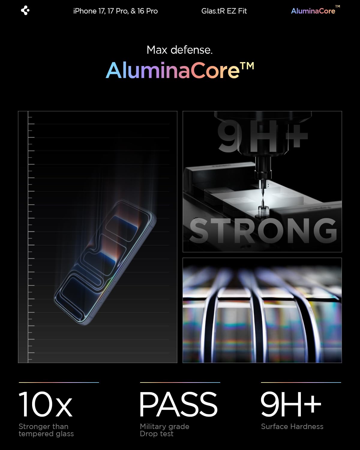 Spigen AluminaCore Tempered Glass Screen Protector [Glas.tR EZ Fit] designed for iPhone 17 Pro | iPhone 17 | iPhone 16 Pro [2 Pack] 9H+ Hardness, Aluminum-Enhanced Durability - Available at All In One Marketplace Canada