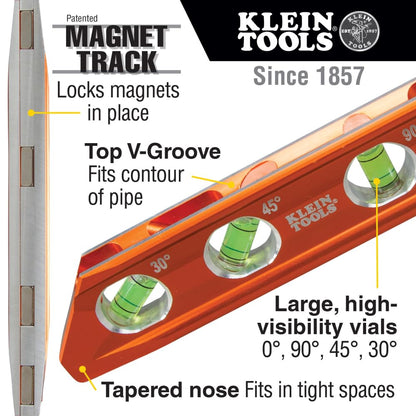 Klein Tools 935AB4V Level, 6-Inch Magnetic Torpedo and Conduit Level with 0/30/45/90 Degree Vials, V-Groove and Magnet Track, High Visibility Orange KLEIN TOOLS