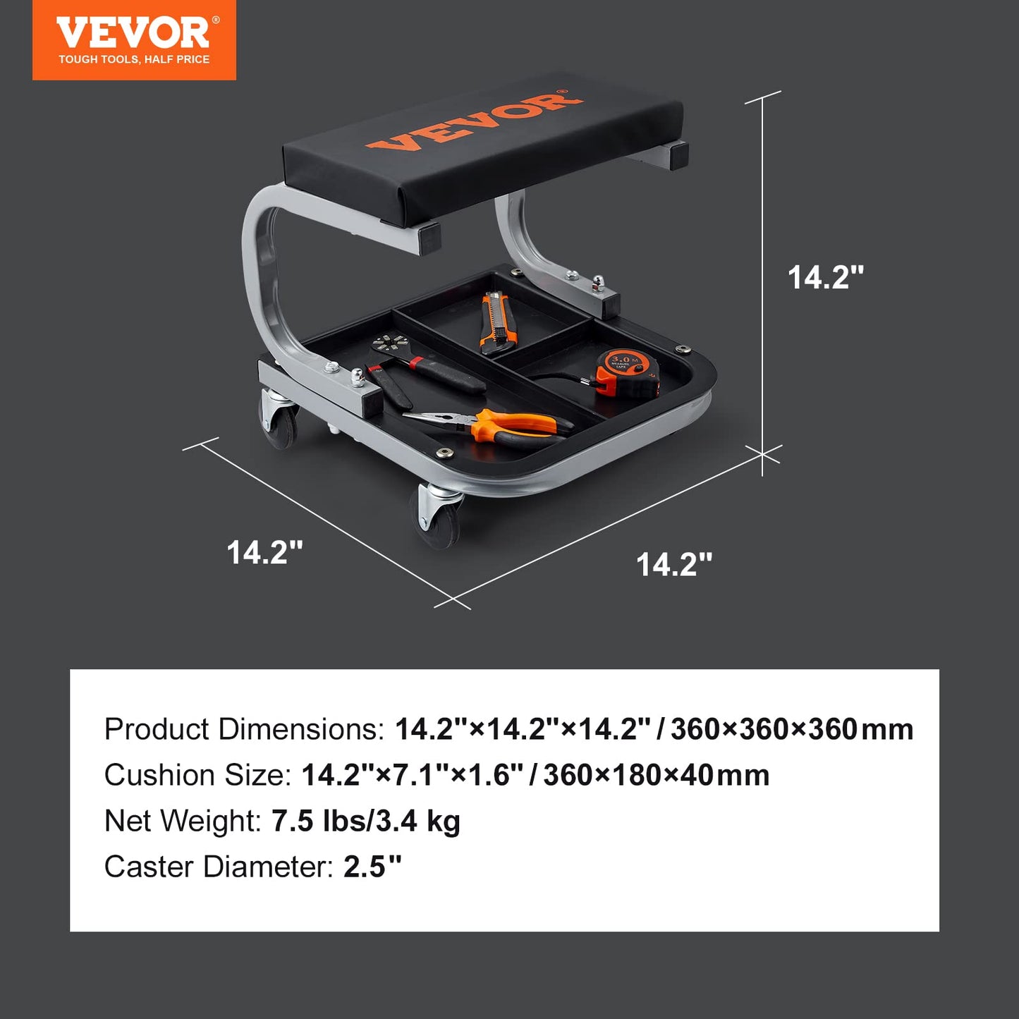VEVOR Rolling Creeper Garage/Shop Seat, 250 LBS Capacity Padded Rolling Workshop Stool with Tool Tray Storage, Mechanic Stool for Garage, Shop, Auto Repair, Black 🍁 All In One Marketplace Canada