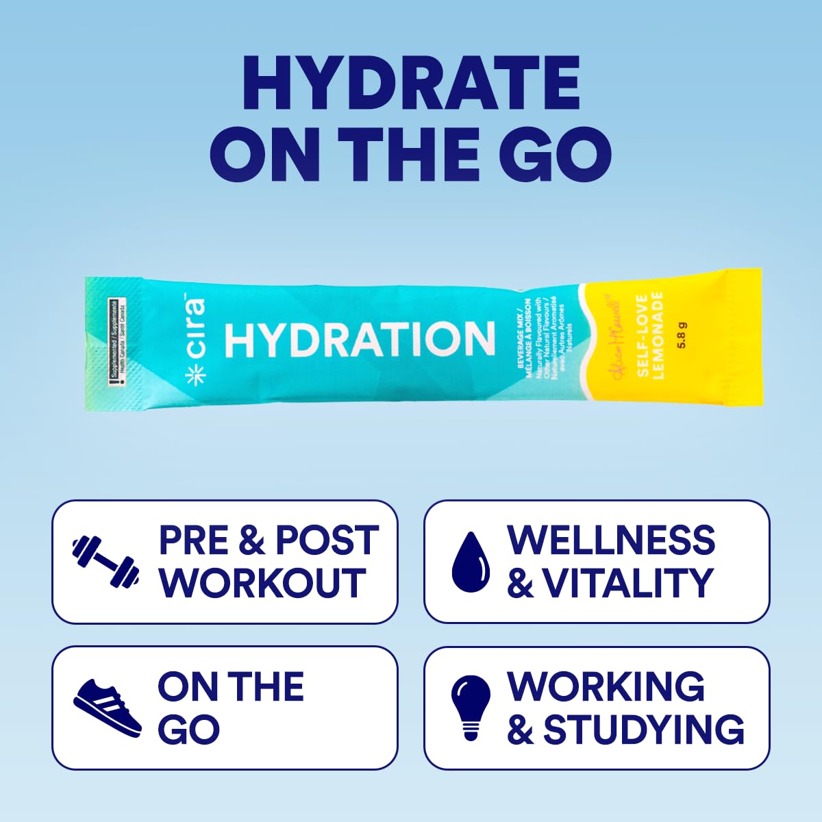 Cira Hydration Electrolytes Packets - Cira x Alicia McCarvell's Electrolyte Powder, Sugar Free w/Himalayan Salt & Magnesium, Daily On-the-Go Hydration Packets - Self Love Lemonade, 20 Servings