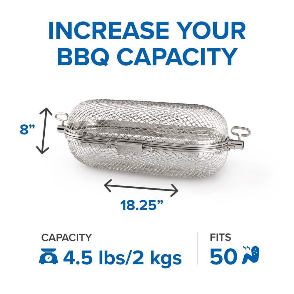 Napoleon Rotisserie Grill Basket Accessory in Stainless Steel - 64000 - Fits All Standard Spit Rods, Best for Even Cooking of Wings, Fries and Roasted Veggies Napoleon