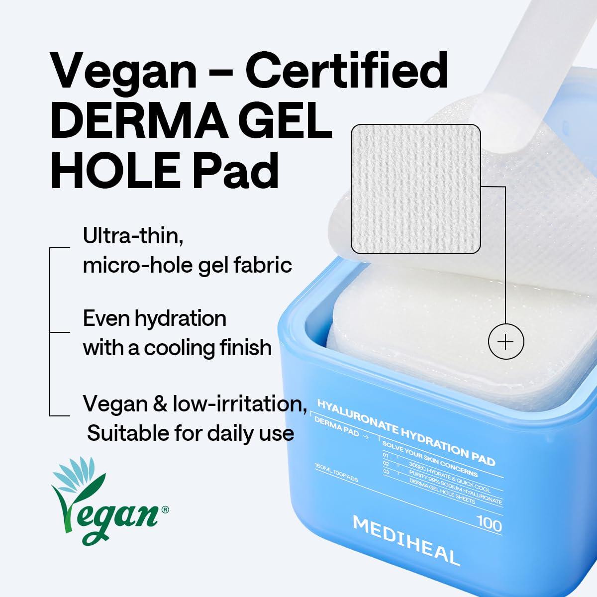 MEDIHEAL Hyaluronic Acid Toner Pads – Korean Skin Care, 99% Pure Low-Molecular Hyaluronic Acid with 8 HA Types & Glucose Hydro Complex, Deep Hydration & Cooling Care, Gel Hole Fabric, 100 pads