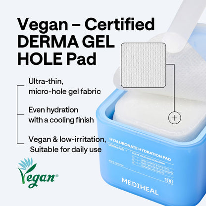 MEDIHEAL Hyaluronic Acid Toner Pads – Korean Skin Care, 99% Pure Low-Molecular Hyaluronic Acid with 8 HA Types & Glucose Hydro Complex, Deep Hydration & Cooling Care, Gel Hole Fabric, 100 pads