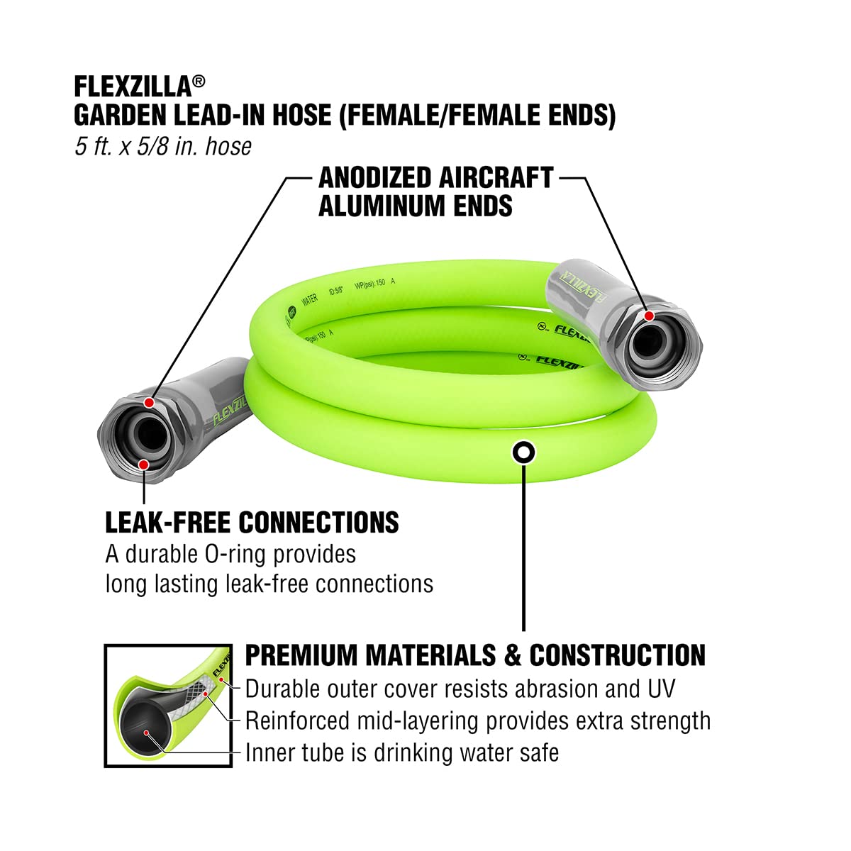 Flexzilla Garden Lead-in Hose, 5/8" x 5', Female/Female 3/4" - 11 1/2 GHT Fittings Flexzilla