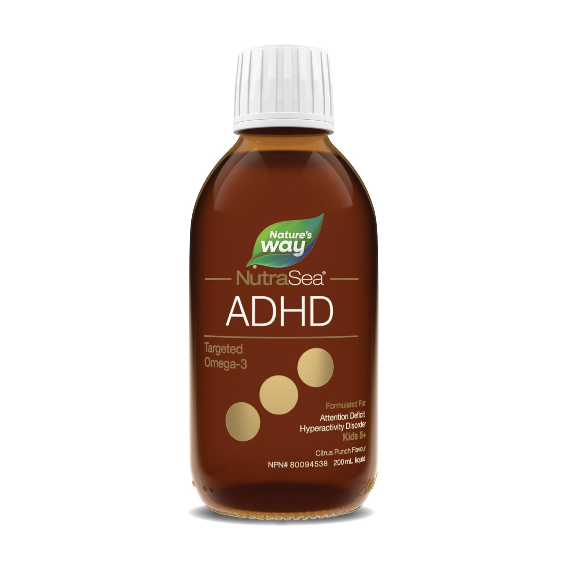 Nature's Way NutraSea ADHD Targeted Omega-3, For kids age 5+, 940 mg of EPA + DHA, 80 mg of GLA, 500 IU Vitamin D3, 200 ml Liquid - Available at All In One Marketplace Canada