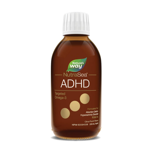 Nature's Way NutraSea ADHD Targeted Omega-3, For kids age 5+, 940 mg of EPA + DHA, 80 mg of GLA, 500 IU Vitamin D3, 200 ml Liquid - Available at All In One Marketplace Canada