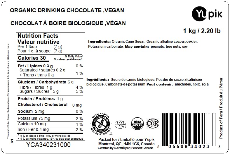 Yupik Organic Hot Chocolate Mix – 1 kg Vegan, Gluten-Free & Dairy-Free Cocoa Powder