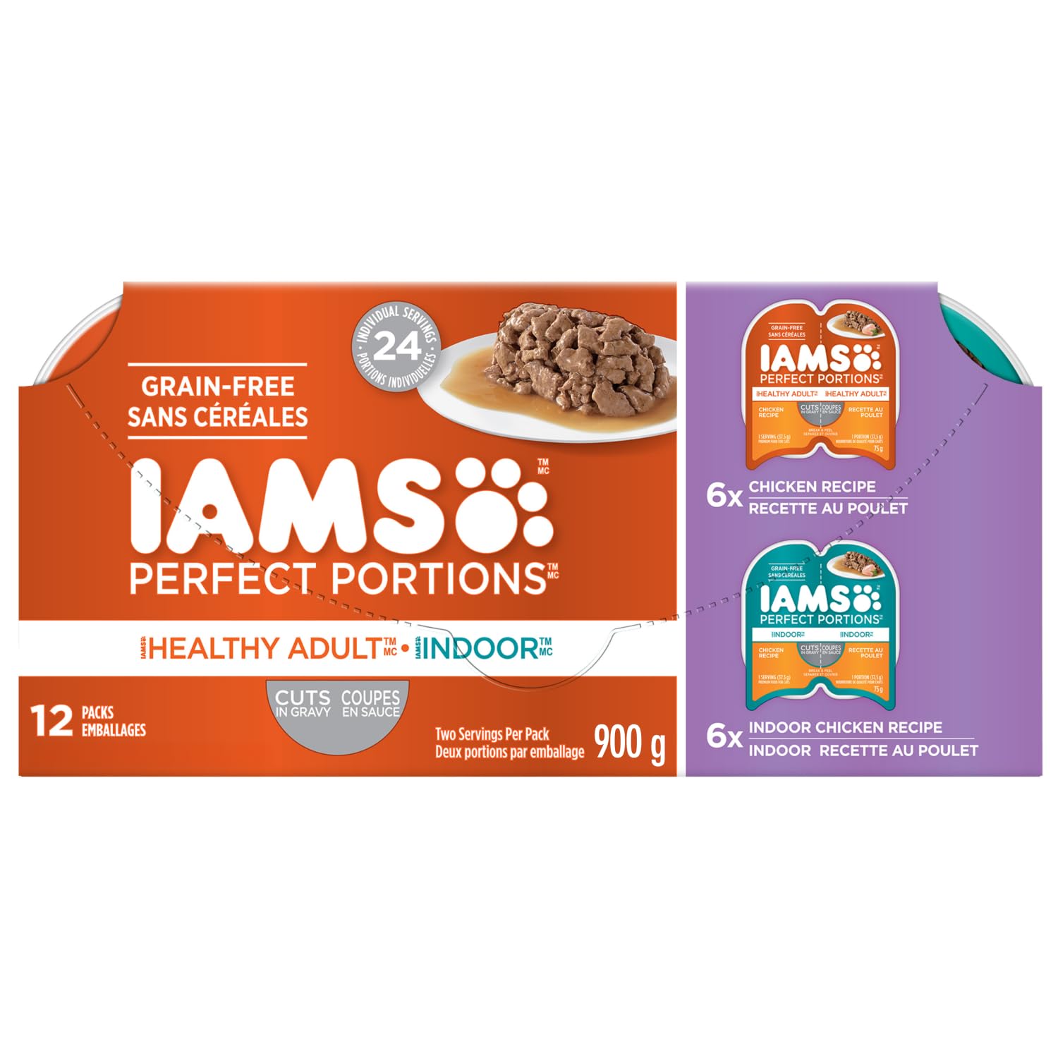 IAMS Perfect Portions Healthy Adult Wet Cat Food Cuts in Gravy - Chicken and Indoor Chicken 12CT Multipack, 75g - Available at All In One Marketplace Canada