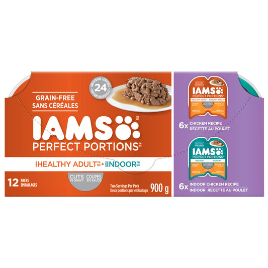 IAMS Perfect Portions Healthy Adult Wet Cat Food Cuts in Gravy - Chicken and Indoor Chicken 12CT Multipack, 75g - Available at All In One Marketplace Canada