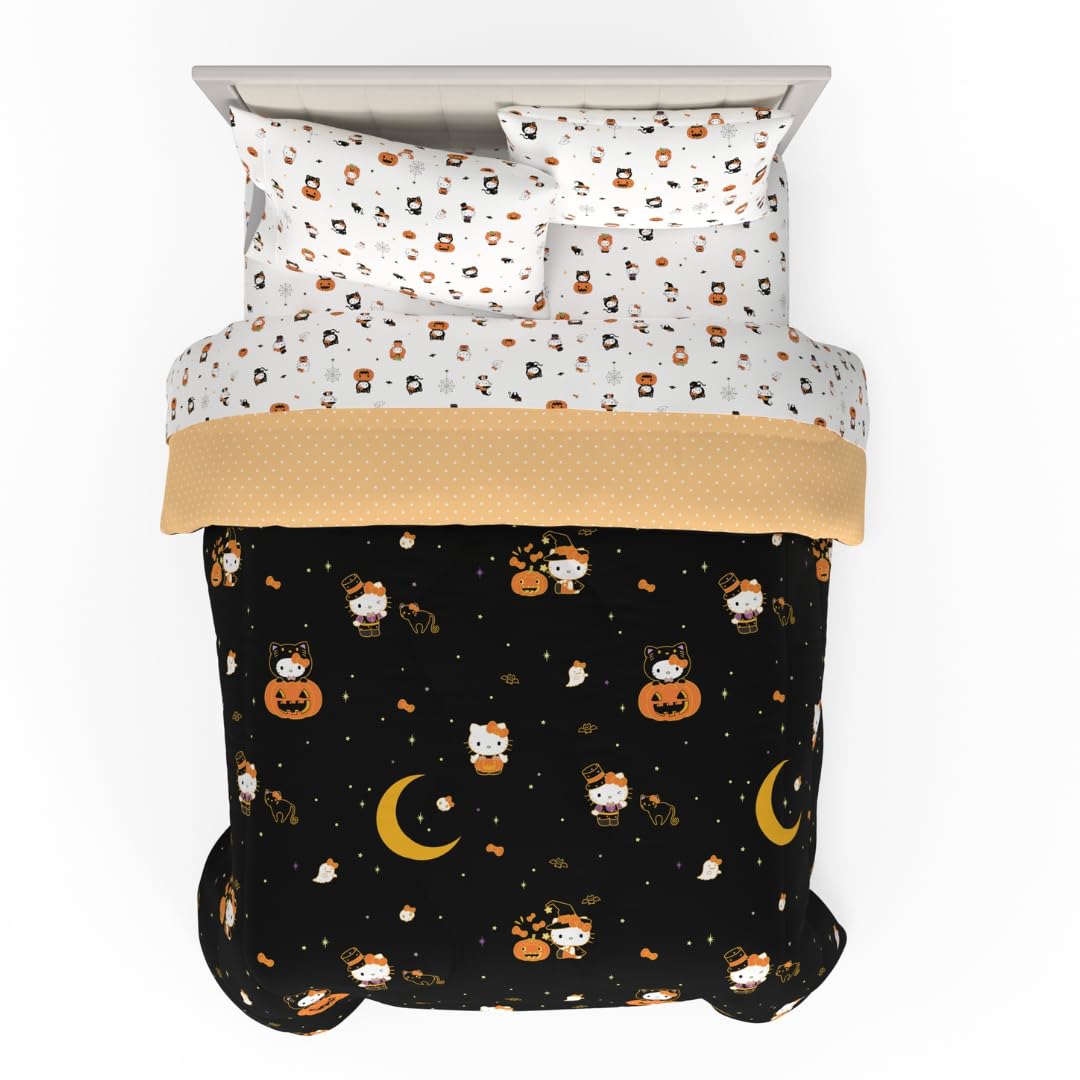 Sanrio Hello Kitty Halloween Pumpkin Full Bed Set – Super Soft & Cozy 5 Piece Reversible Comforter and Sheet Set (Officially Licensed Product) by Franco