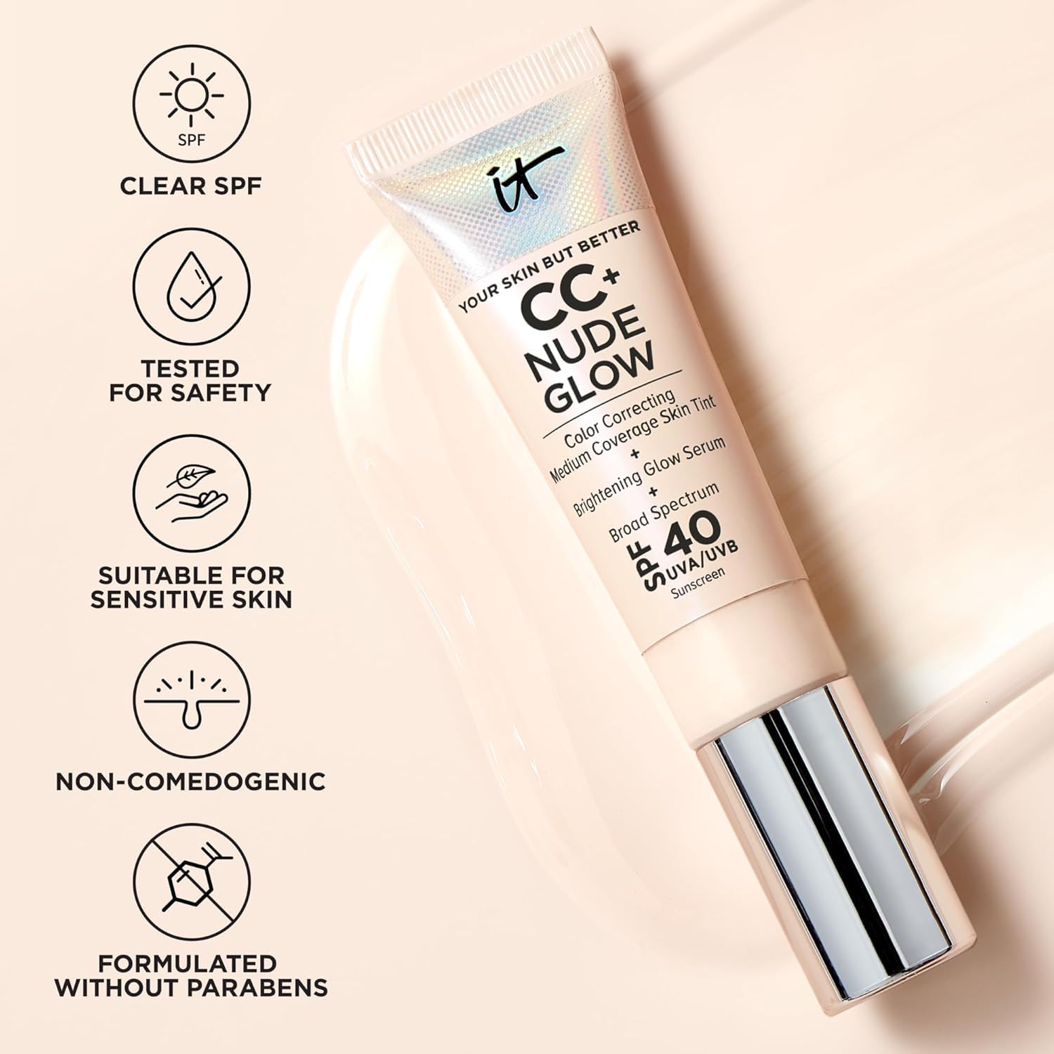 IT Cosmetics CC+ Nude Glow Lightweight Foundation + Glow Serum with SPF 40 - With Niacinamide, Hyaluronic Acid & Green Tea Extract - Light - 1.08 fl oz IT Cosmetics