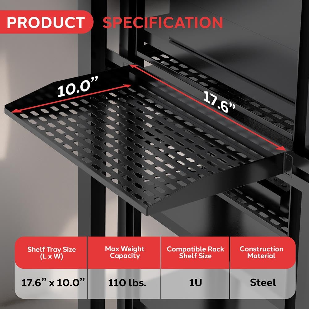 PYLE 1U 2 Pack Server Rack Shelf - 19-Inch Universal Device Server Rack, Good Air Circulation, Cantilever, Wall Mount, Computer Case Mounting - Weight Capacity 110lb/49kg