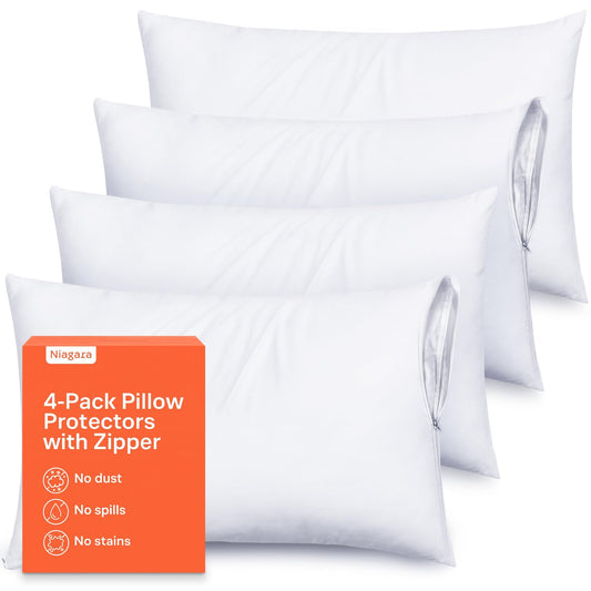 Niagara 4 Pack of Pillow Protectors with Zipper, Effective Dust Protection, Quiet, Stay in Place Pillow Covers, Breathable Case for Pillow Lifespan Extension, White (Standard) - Available at All In One Marketplace Canada