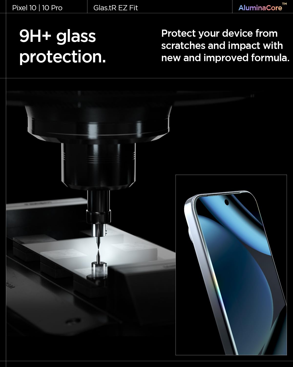 Spigen AluminaCore Tempered Glass Screen Protector [GlasTR EZ FIT] designed for Pixel 10 Pro | Pixel 10 | Pixel 9 Pro | Pixel 9 [2 Pack] Aluminum-Enhanced Durability and Impact Resistance