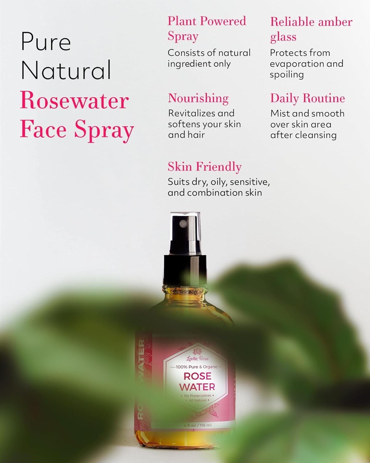 Rose Water Spray for Face by Leven Rose - Pure Natural Moroccan Rosewater Hydrosol Face Spray - Organic Rose Water Hydrosol 4 oz - Available at All In One Marketplace Canada