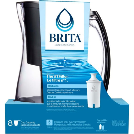 Brita 8 Cup Filter Pitcher, Reduces Chlorine taste and odour from Tap Water, Filters 151 Litres, Marina, Black - Available at All In One Marketplace Canada