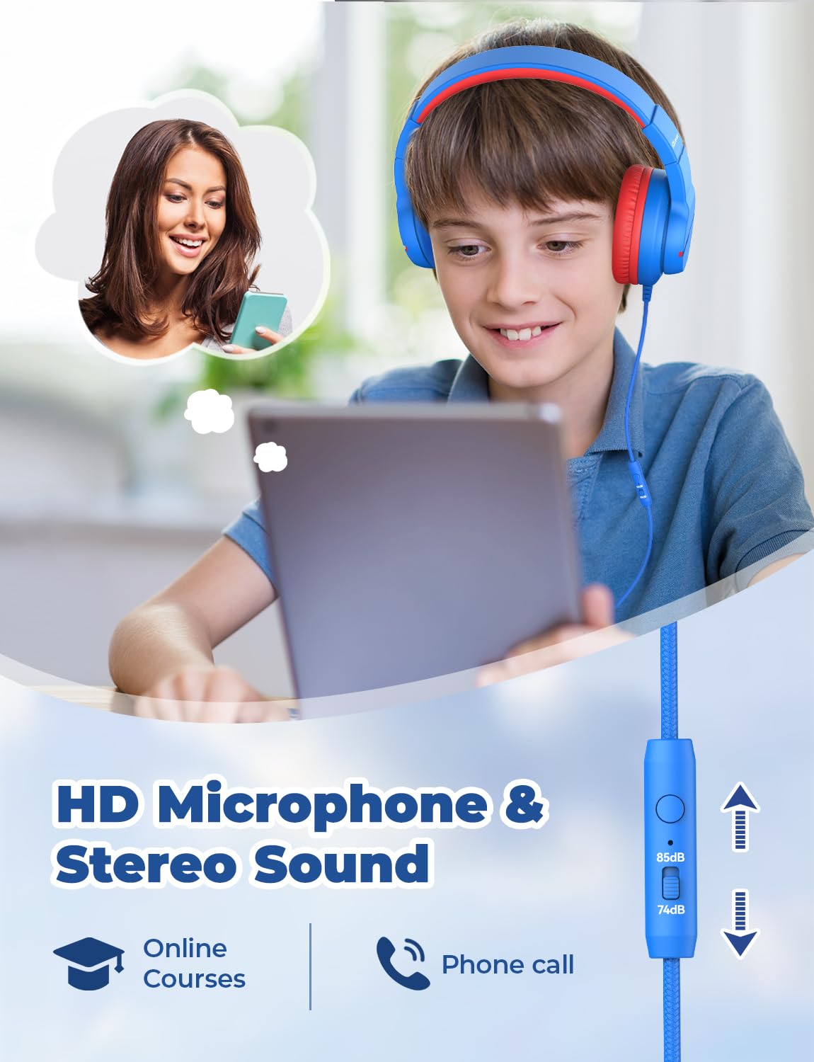 iClever HS19 Kids Headphones with Microphone for School, Volume Limiter 74/85dBA, Over-Ear Girls Boys Headphones for Kids with Shareport, Foldable Wired for iPad/Fire Tablet/Travel, Blue