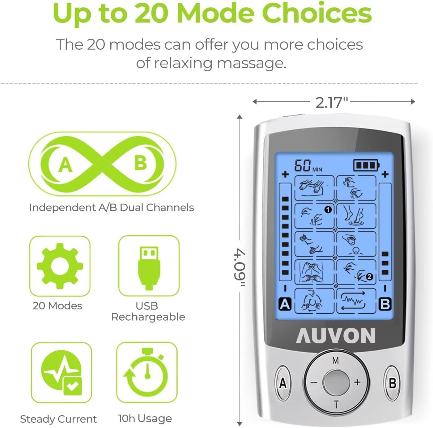 AUVON Dual Channel TENS Unit Muscle Stimulator Machine with 20 Modes, 2" and 2"x4" TENS Unit Electrode Pads - Available at All In One Marketplace Canada