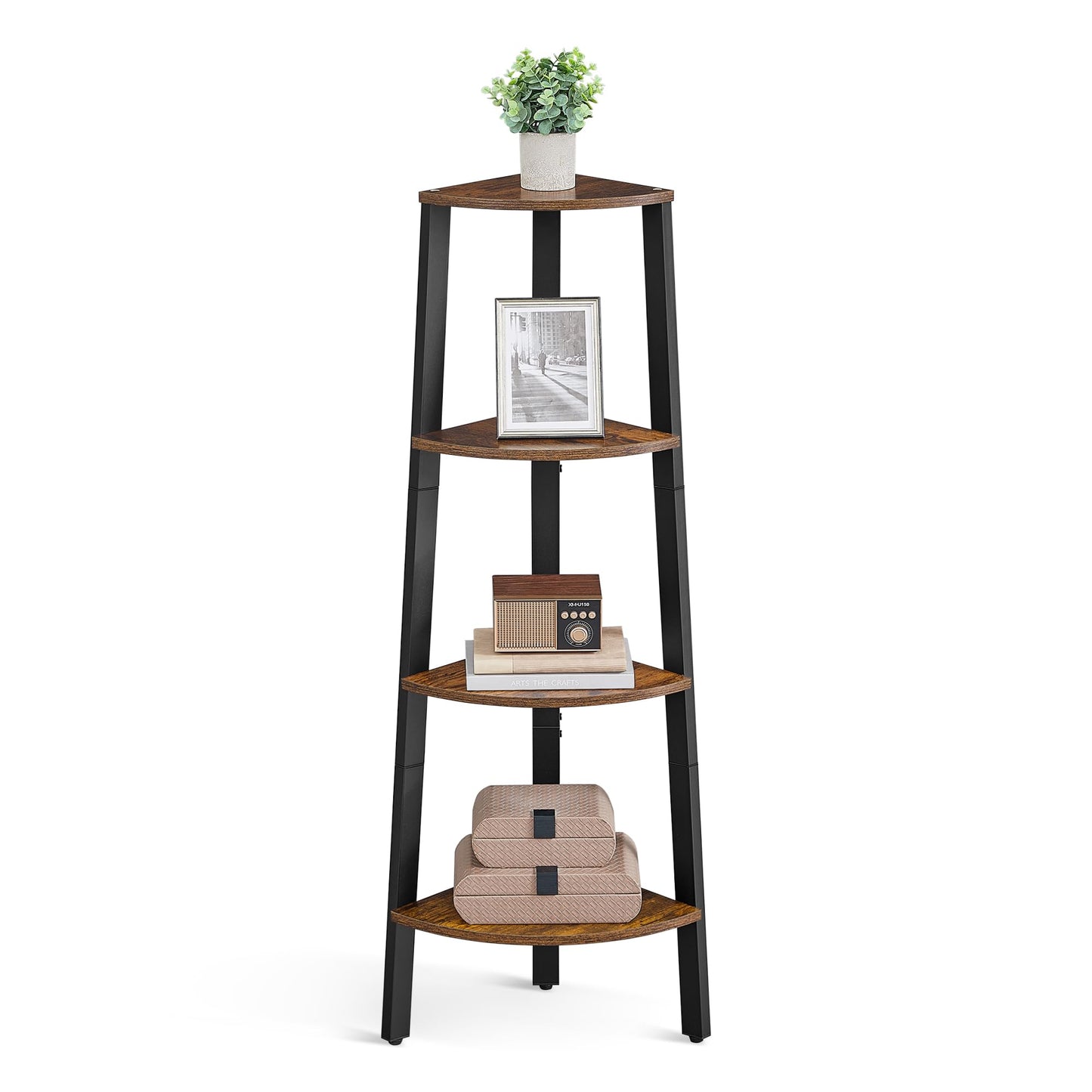 VASAGLE Corner Shelf Stand, 4-Tier Corner Bookshelf, Industrial Ladder Shelf, Plant Stand for Living Room, Office, Kitchen, Rustic Brown and Matte Black ULLS34X VASAGLE