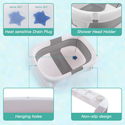 Baby BathTub, 4-in-1 Newborn to Toddler Tub with Temperature Sensor,Infant Waterproof Ear Cap and Soft Cushion included,Grey