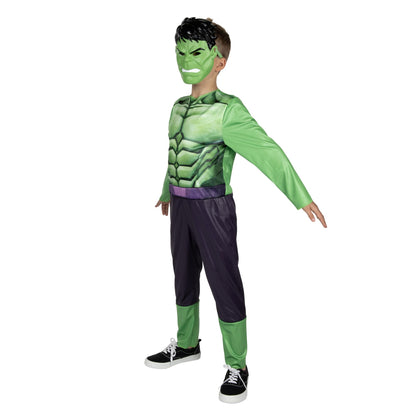 Costume d'Halloween officiel Marvel Hulk pour enfant - Combinaison en tissu de qualité supérieure avec motif imprimé et masque en plastique (Grand) Vert