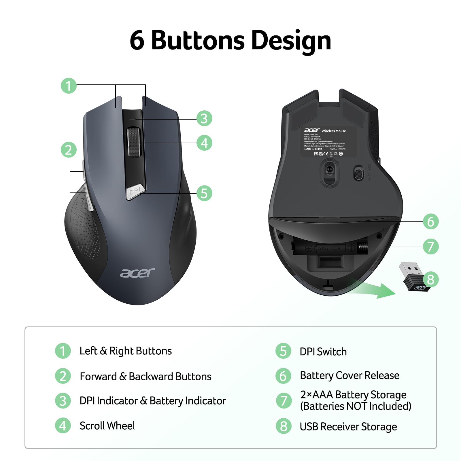 Acer Wireless Mouse for Laptop, 2.4GHz Computer Mouse Wireless with USB Receiver, Portable Cordless Mice, 3 Adjustable DPI Ergo USB Mice, 6 Buttons, Medium to Large Sized Hands for PC, Laptop, Desktop - Available at All In One Marketplace Canada