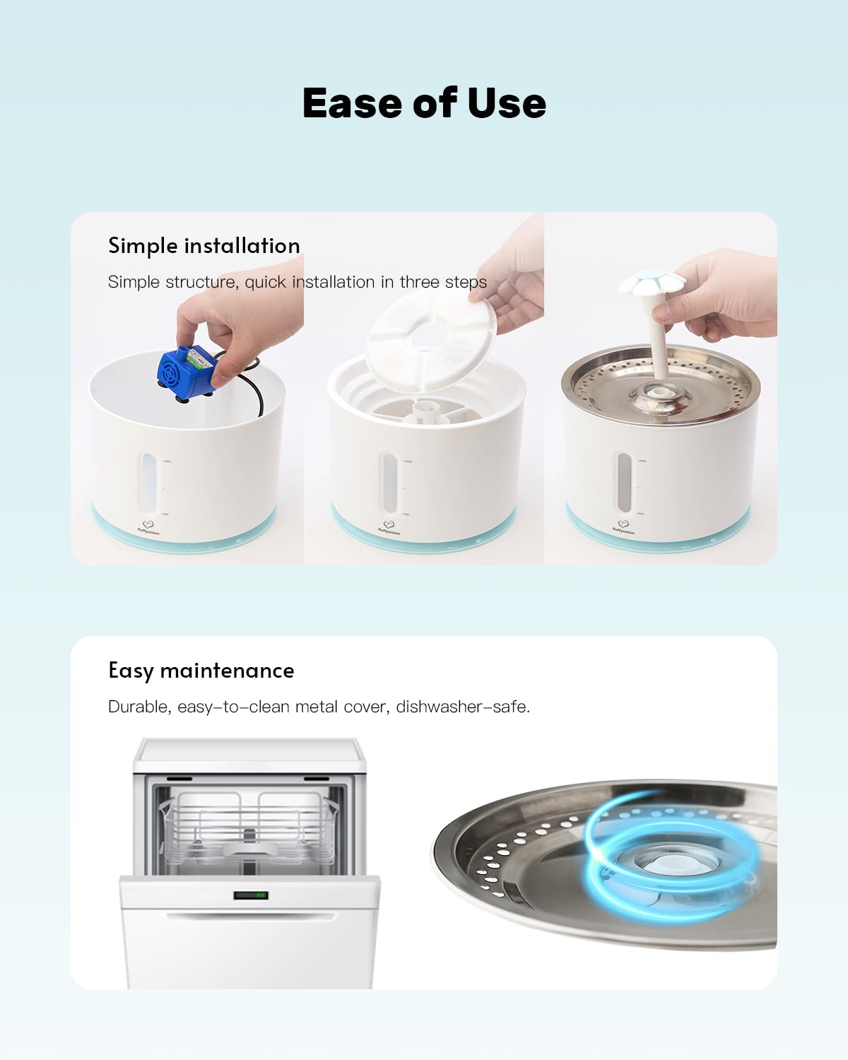 FluffyUnion Cat Water Fountain with Stainless Steel Lid, 2.4L/81oz Automatic Water Dispenser for Cats and Dogs