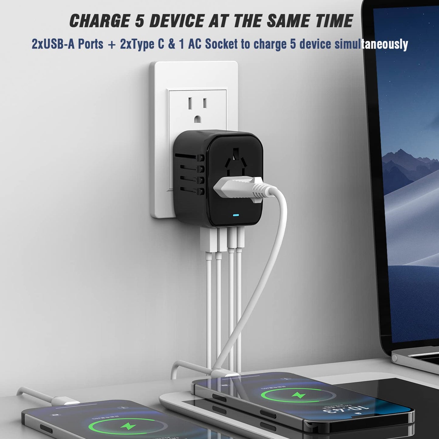 RXSQUL Universal International Power Travel Plug Adapter, 5 in 1 European Travel Plug Adapter W/ 3.5A 2xUSB-A And 2xUSB C Wall Charger and Worldwide AC Outlet for Europe USA UK AUS Asia-Black